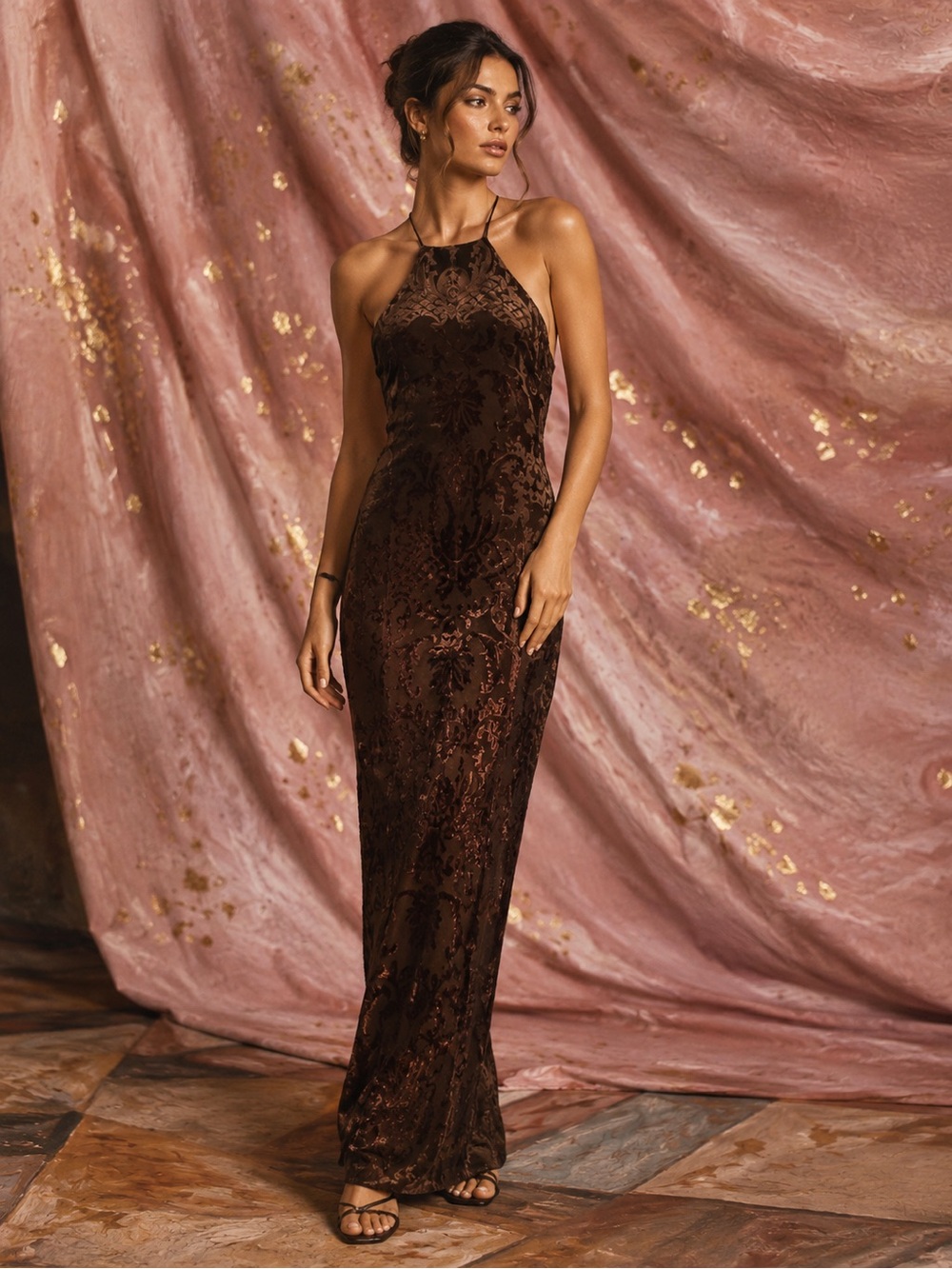 Vintage 1997 Laundry by Shelli Segal Burnout Velvet Halter Evening Gown 4P
